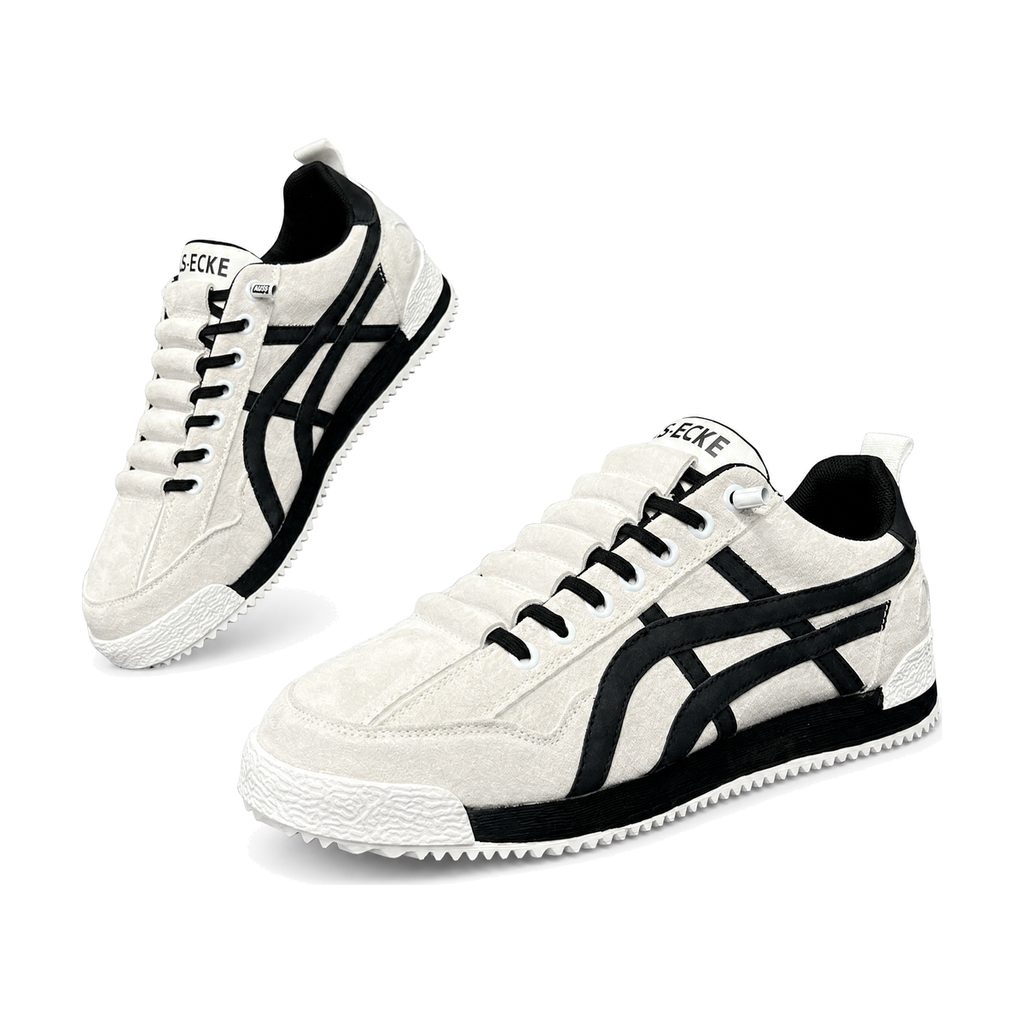 Men's White and Black Striped Retro Sneakers - studio white background