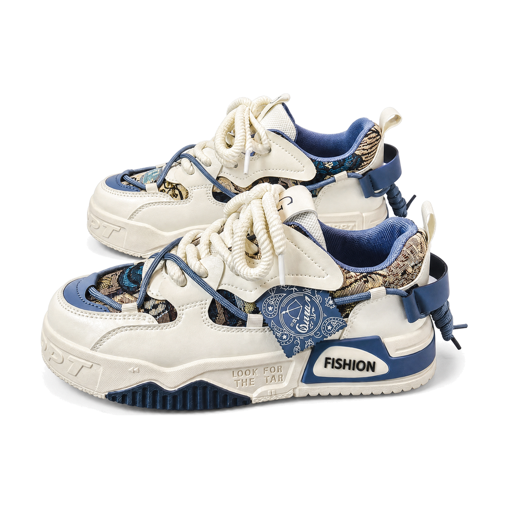 Men's White and Blue Chunky Casual Sneakers - studio white background