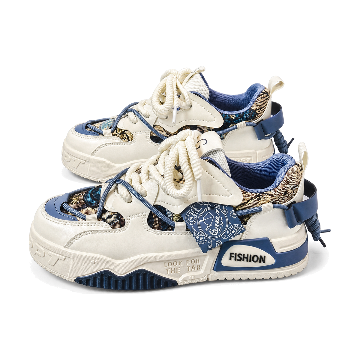 Men's White and Blue Chunky Casual Sneakers - studio white background