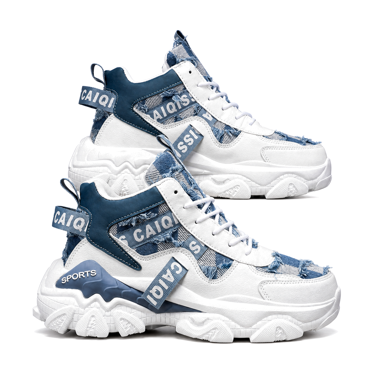 Men's White and Blue Chunky High-Top Sneakers - studio white background