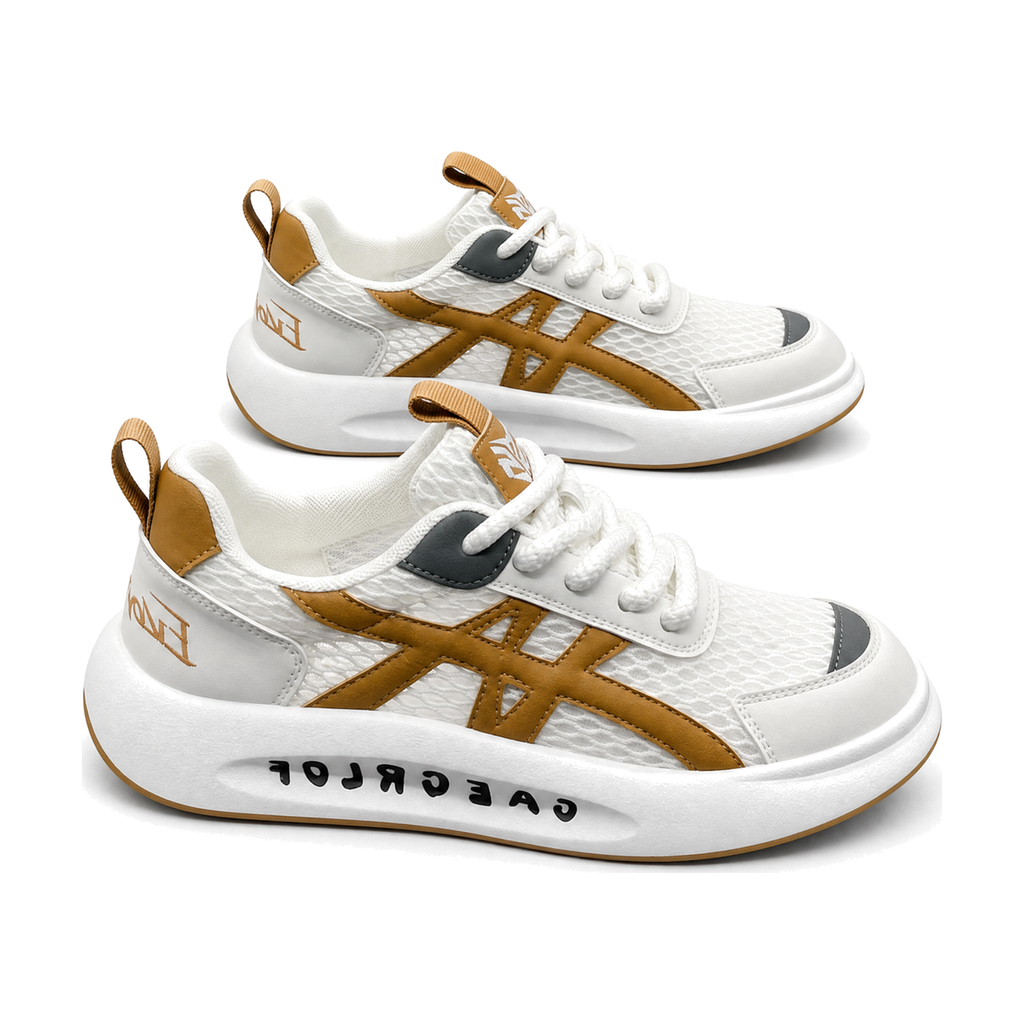 Men's White and Brown Retro Running Sneakers - studio white background