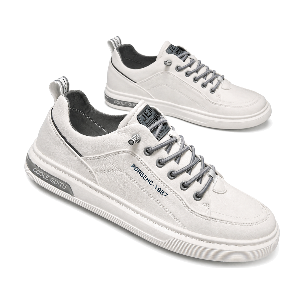 Men's White and Gray Platform Low-Top Sneakers - studio white background