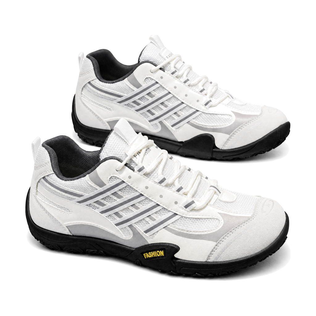 Men's White and Gray Striped Running Sneakers - studio white background