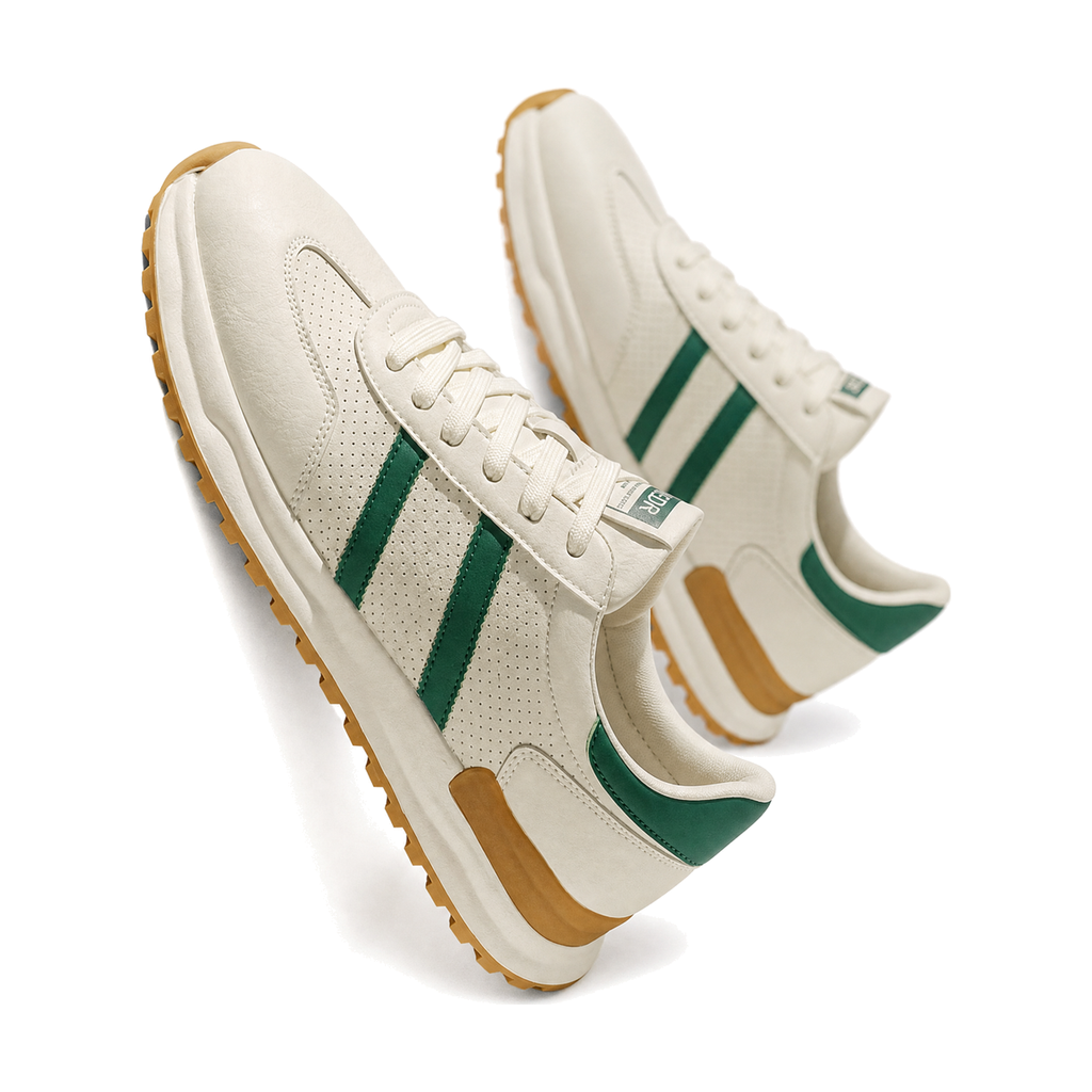 Men's White and Green Retro Trainer Sneakers - studio white background