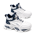 Men's White and Navy Chunky Running Sneakers - studio white background