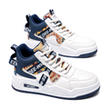 Men's White and Navy High-Top Platform Sneakers - studio white background