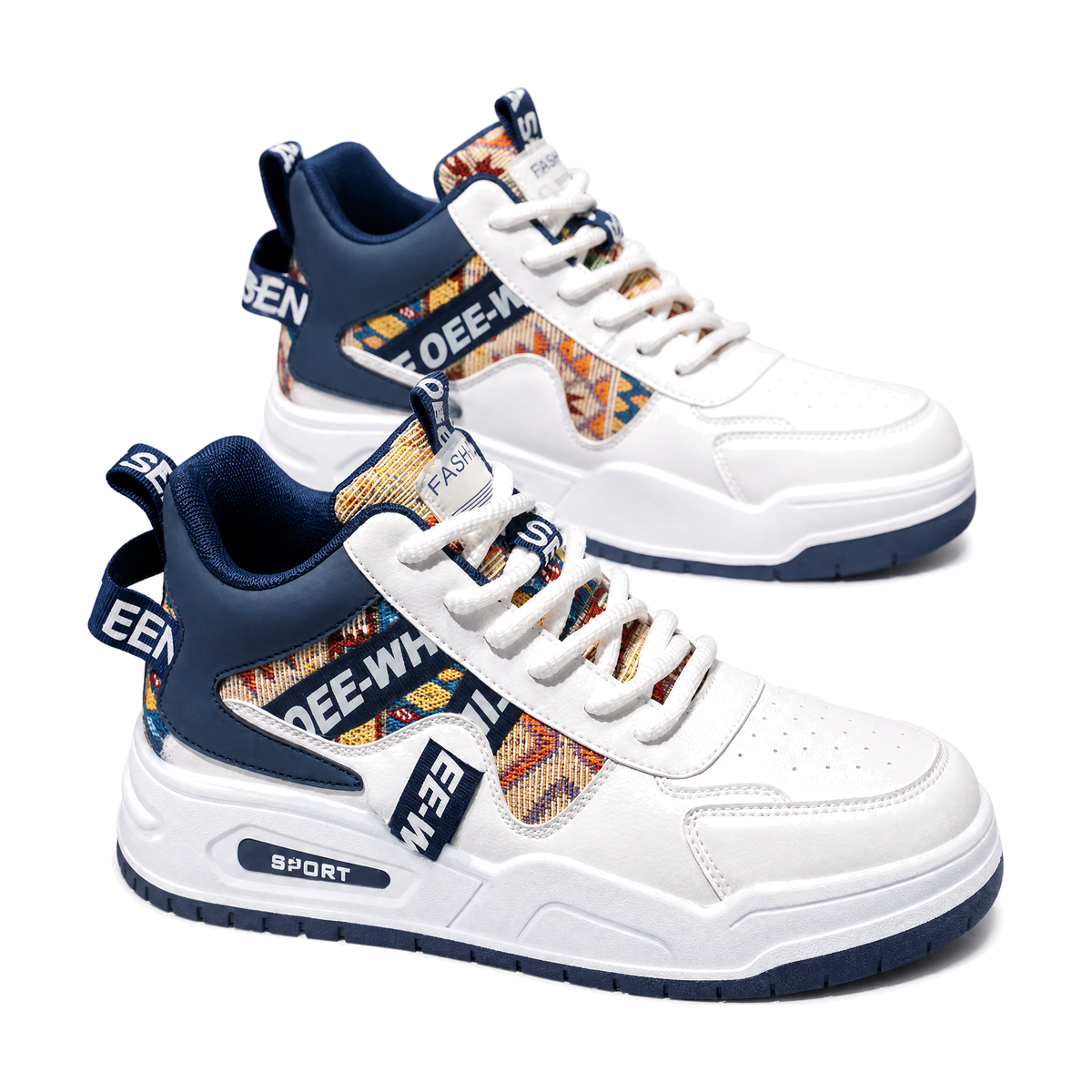 Men's White and Navy High-Top Platform Sneakers - studio white background