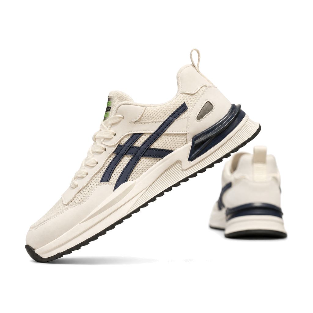 Men's White and Navy Retro Running Sneakers - studio white background