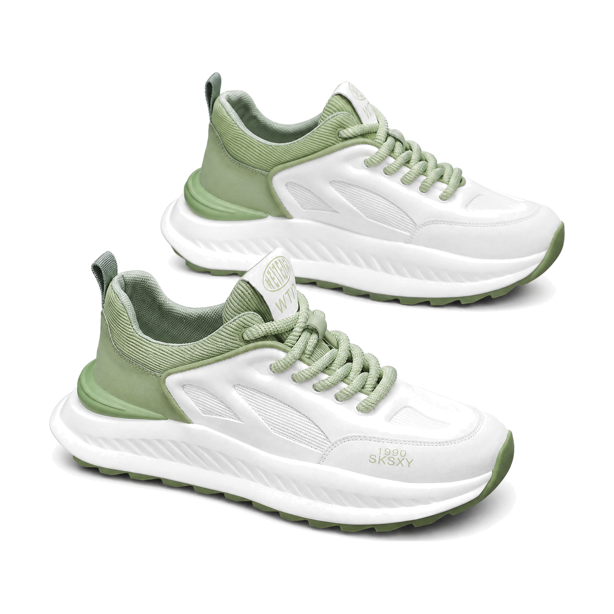 Men's White and Sage Platform Running Sneakers - studio white background