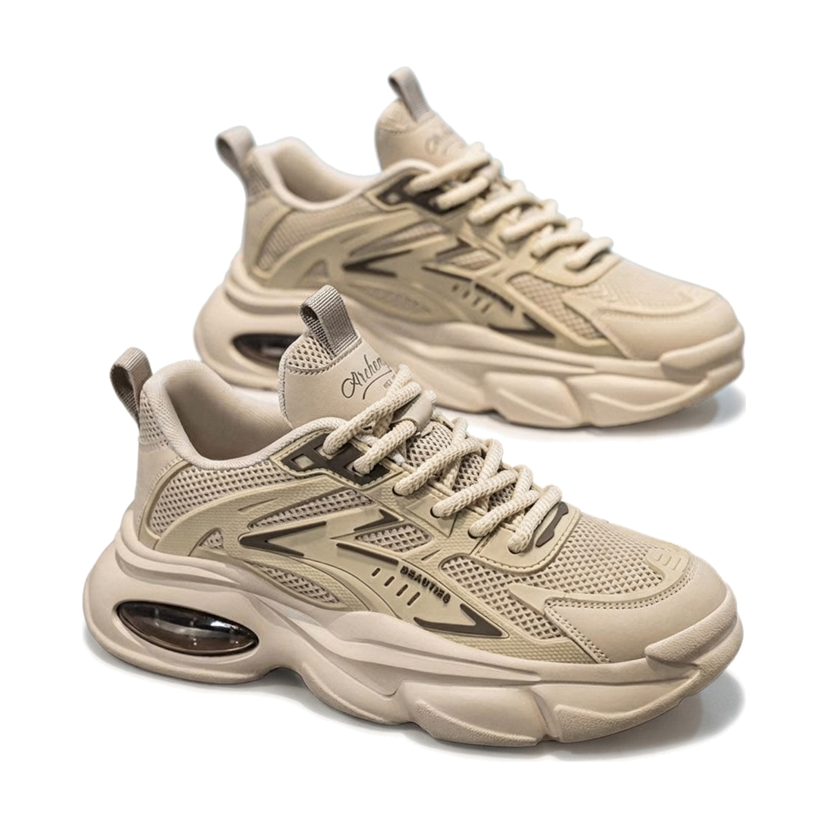 Men's White, Beige and Sage Green Mesh Platform Running Sneakers - studio white background