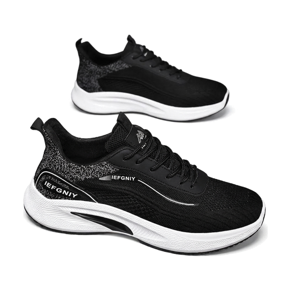 Men's White, Black and Navy Mesh Running Sneakers - studio white background