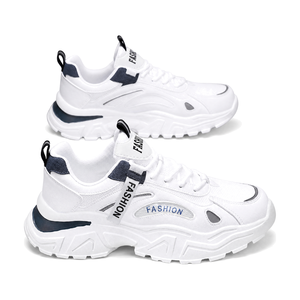 Men's White, Black and Silver Mesh Platform Casual Sneakers - studio white background