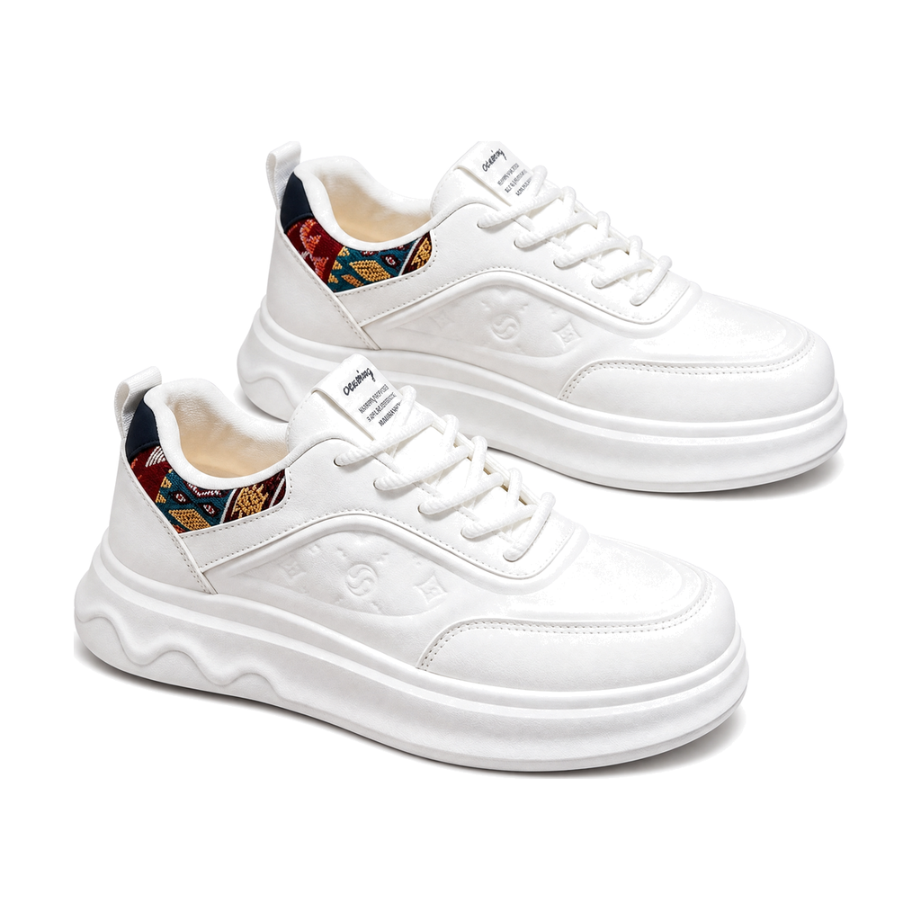 Men's White, Brown and Cream Platform Printed Retro Trainer Sneakers - studio white background