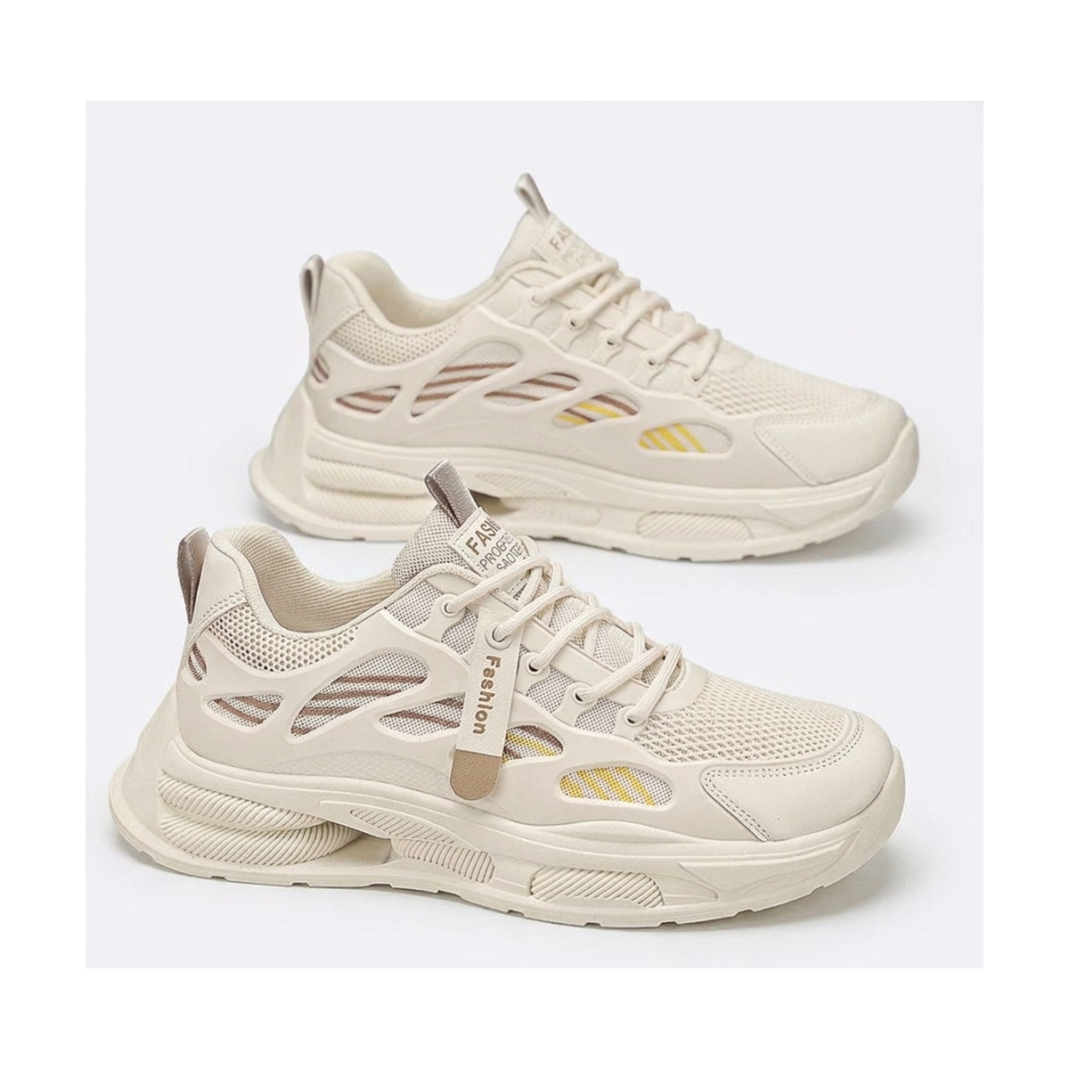Men's White, Cream and Beige Mesh Platform Running Sneakers - studio white background