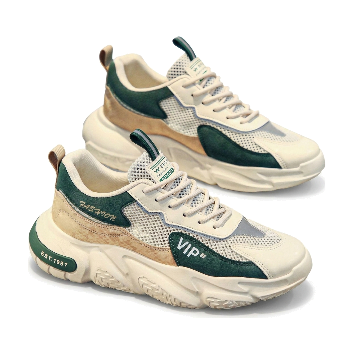 Men's White, Cream and Beige Mesh Platform Running Sneakers - studio white background