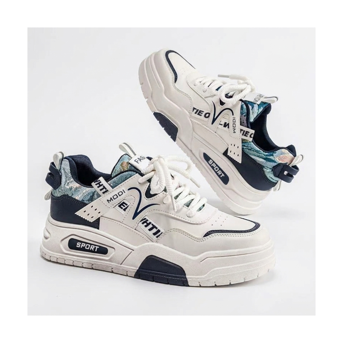 Men's White, Cream and Beige Platform Retro Trainer Sneakers - studio white background