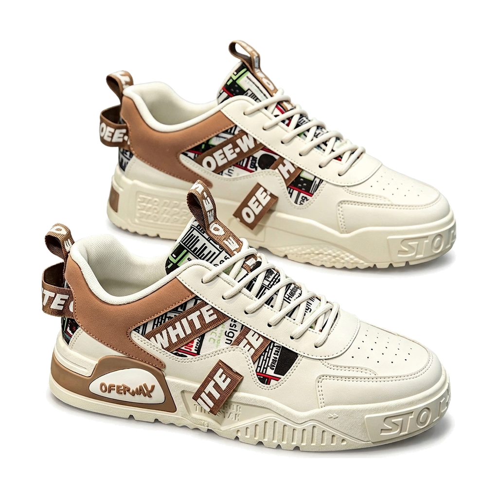 Men's White, Cream and Beige Platform Retro Trainer Sneakers - studio white background