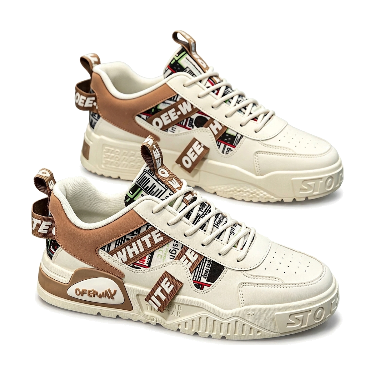 Men's White, Cream and Beige Platform Retro Trainer Sneakers - studio white background