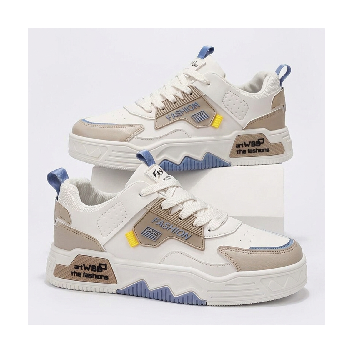 Men's White, Cream and Beige Platform Retro Trainer Sneakers - studio white background