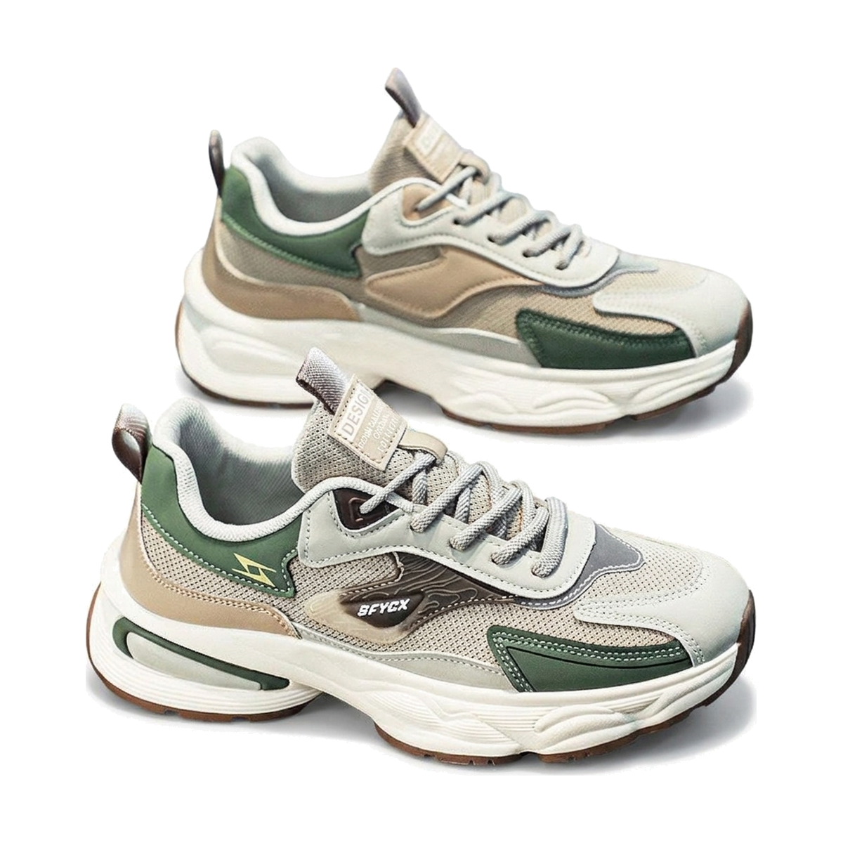 Men's White, Cream and Silver Mesh Platform Running Sneakers - studio white background