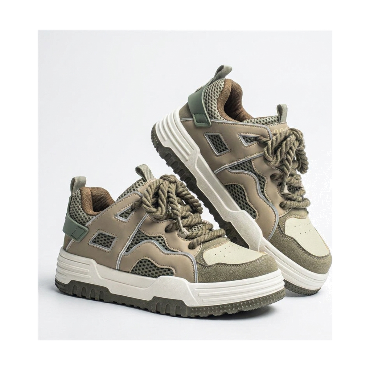 Men's White, Gray and Olive Platform Retro Trainer Sneakers - studio white background