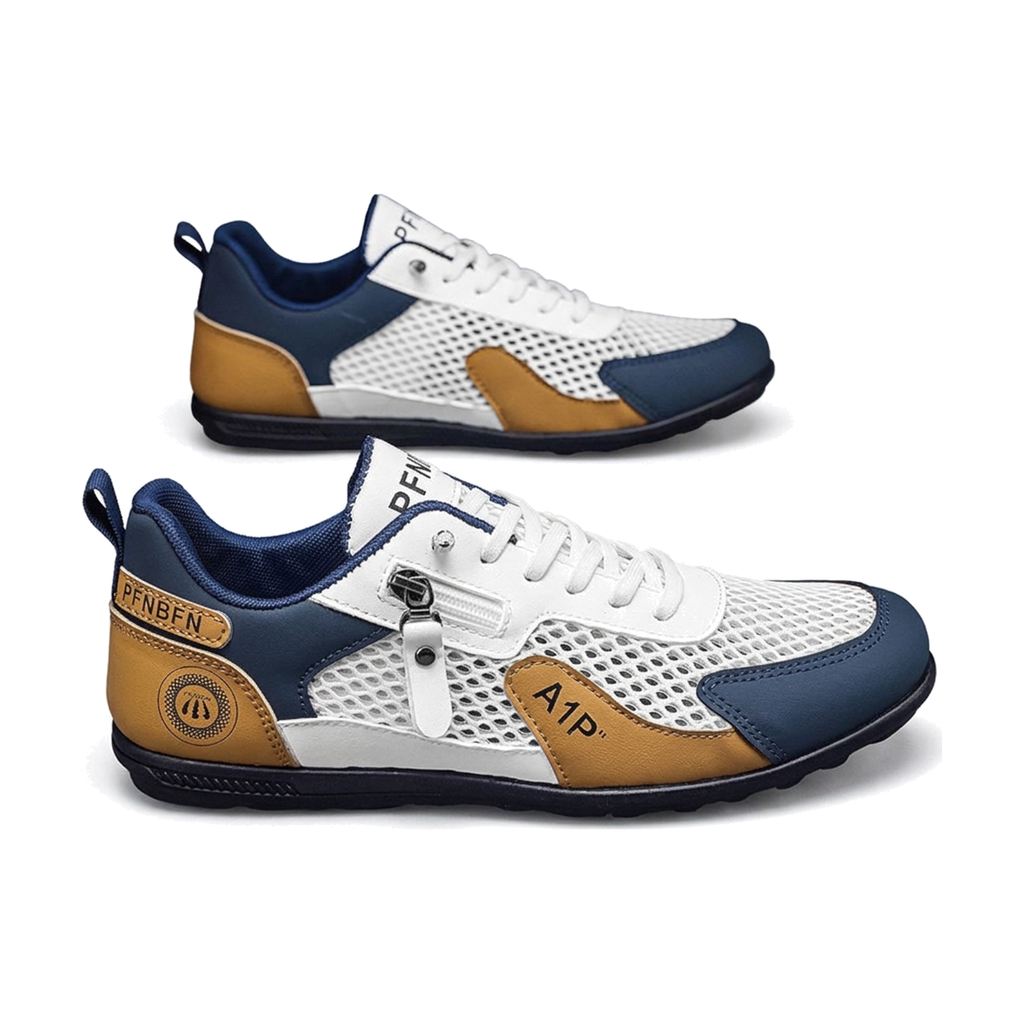 Men's White, Green and Navy Mesh Slip-On Sneakers - studio white background