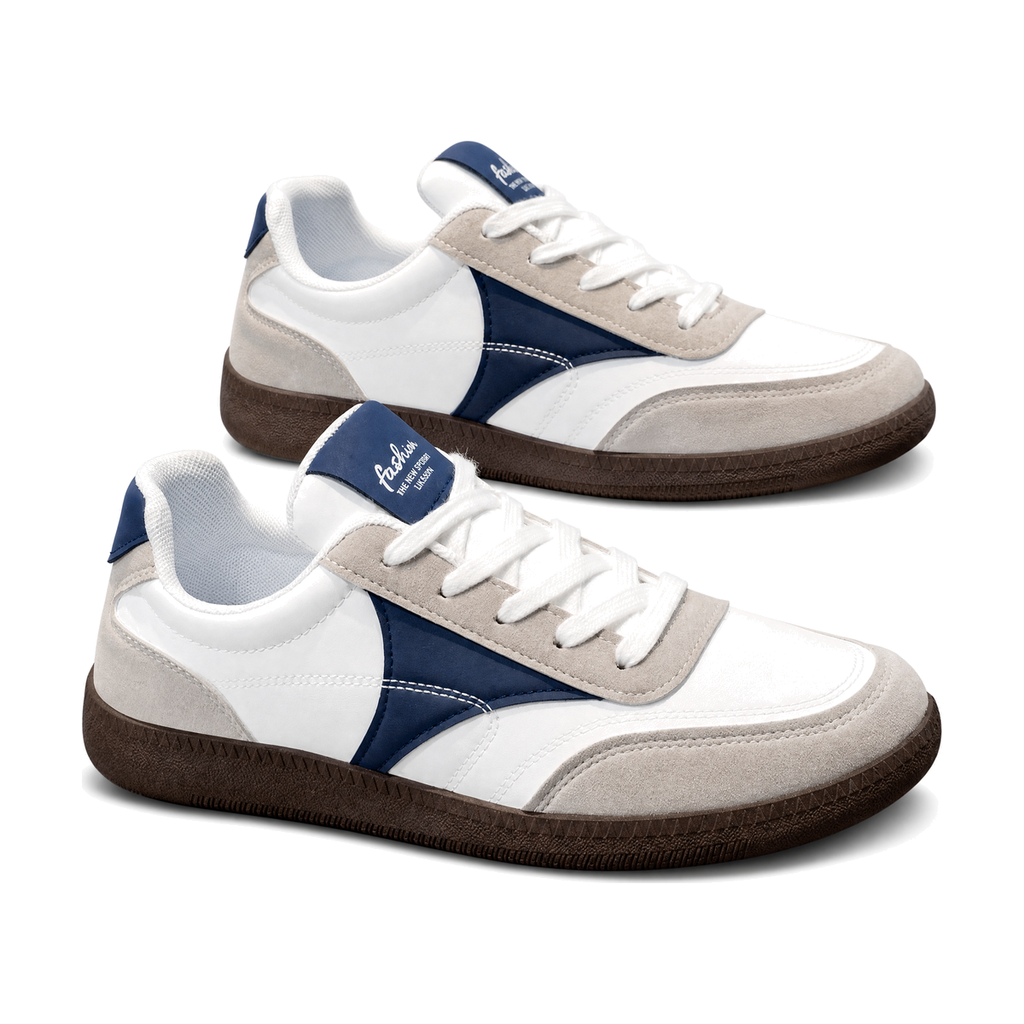 Men's White Navy and Brown Gum-Sole Sneakers - studio white background