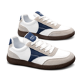 Men's White Navy and Brown Gum-Sole Sneakers - studio white background