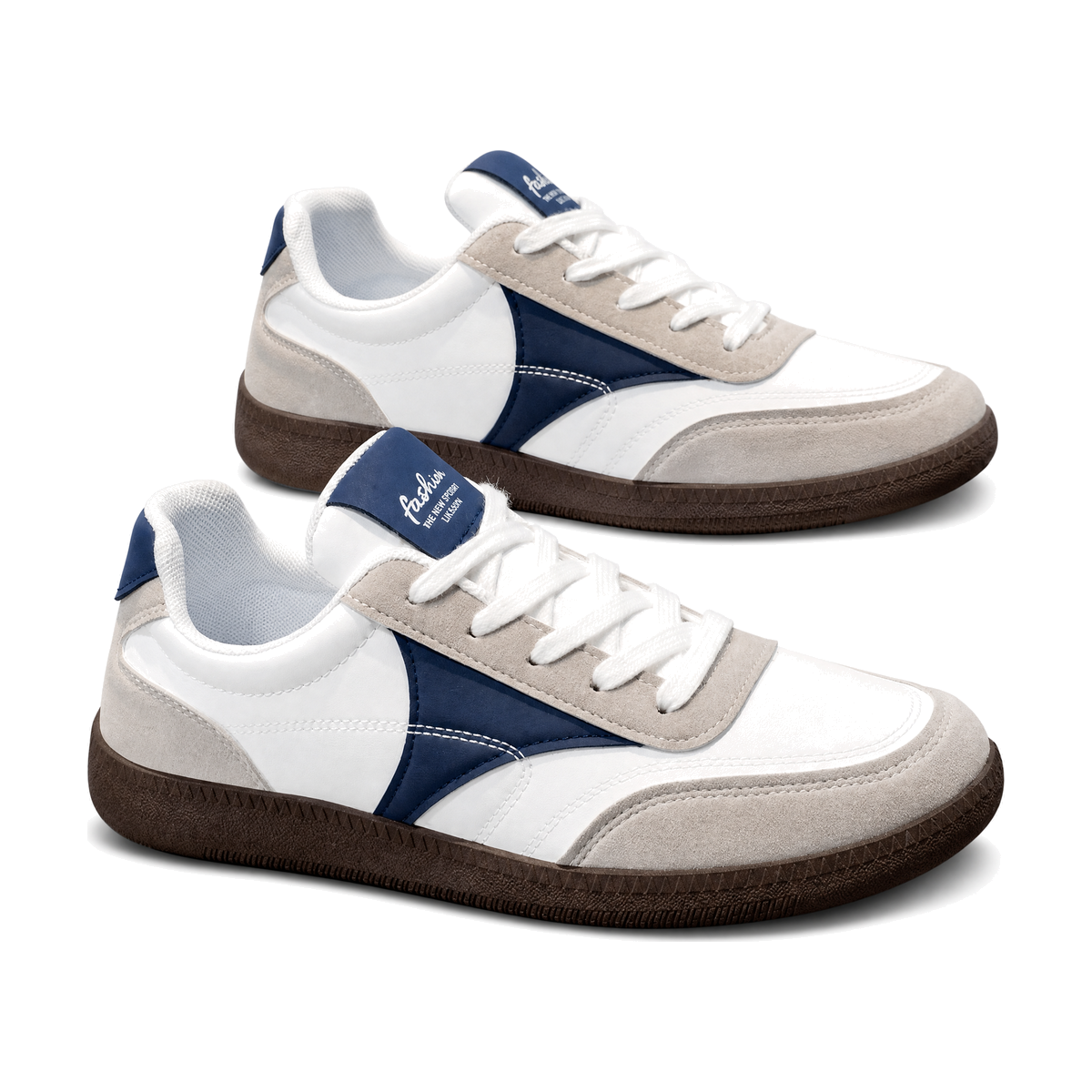 Men's White Navy and Brown Gum-Sole Sneakers - studio white background