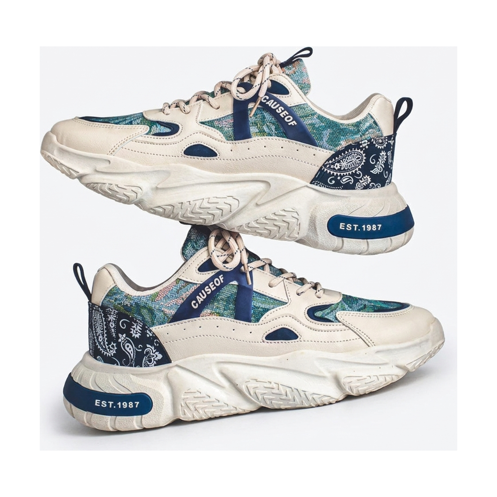 Men's White, Navy and Cream Platform Casual Sneakers - studio white background