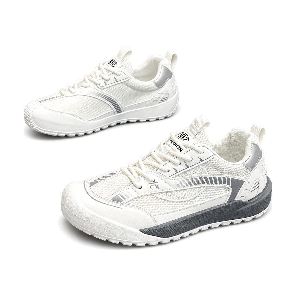 Men's White, Navy and Gray Mesh Retro Trainer Sneakers - studio white background