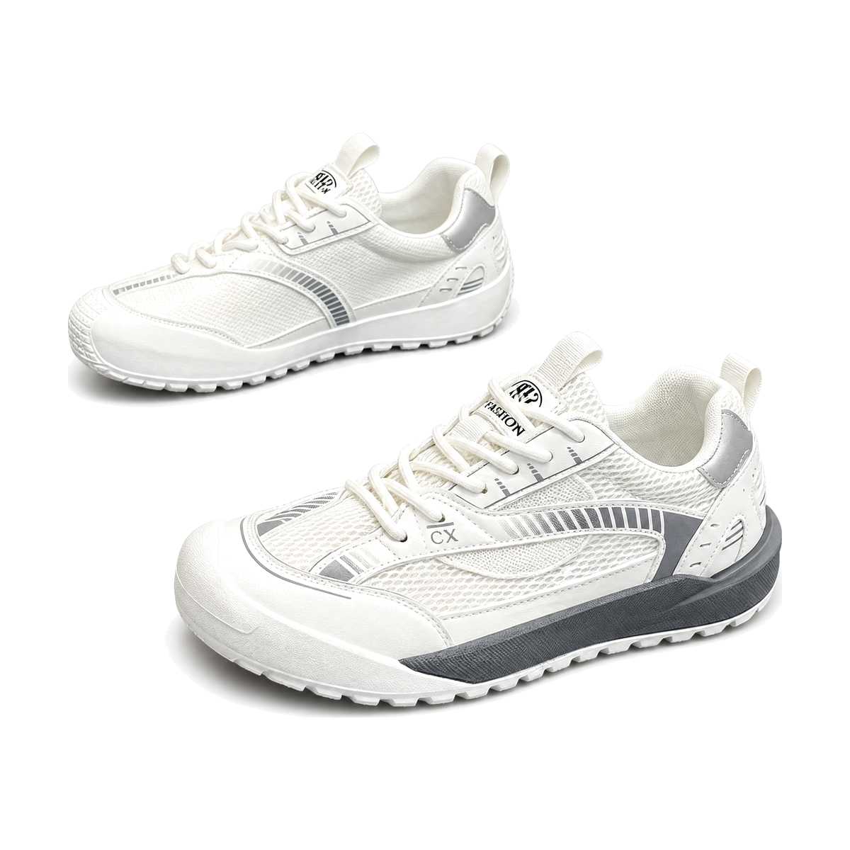 Men's White, Navy and Gray Mesh Retro Trainer Sneakers - studio white background