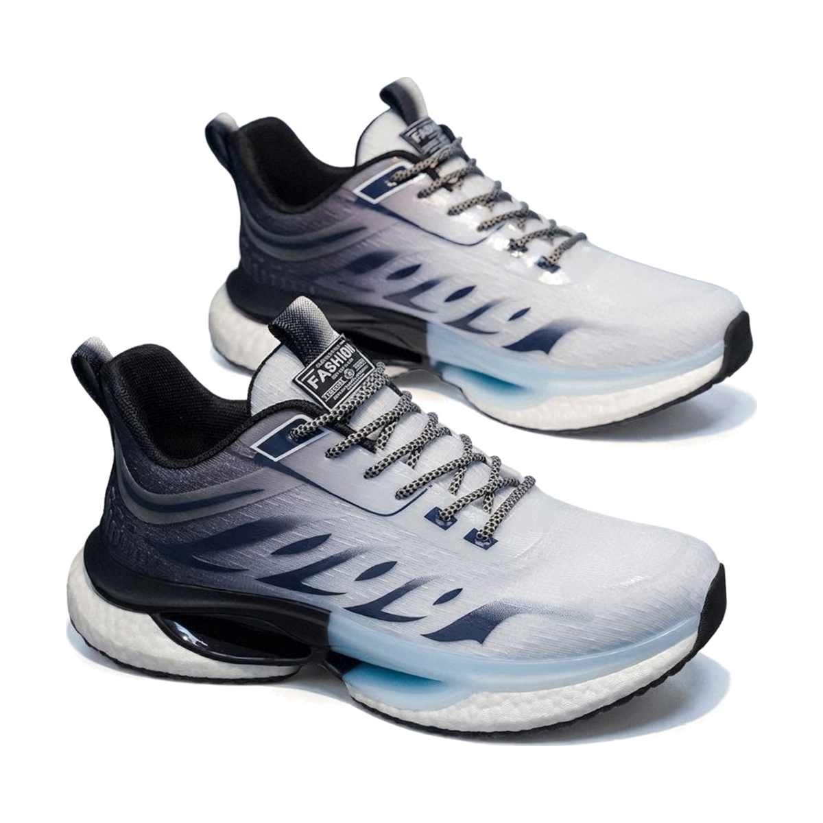 Men's White, Silver and Black Mesh Running Sneakers - studio white background