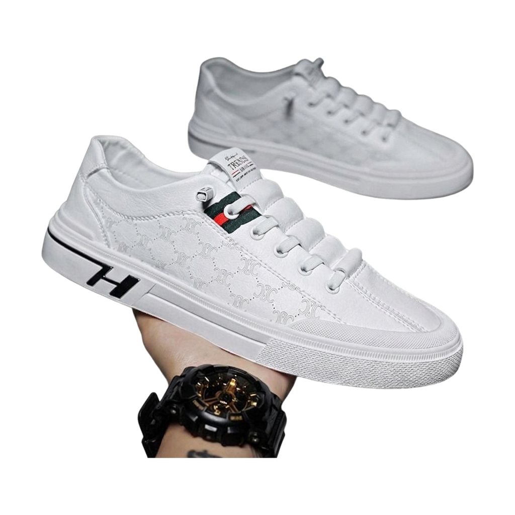 Men's White, Silver and Black Slip-On Sneakers - studio white background