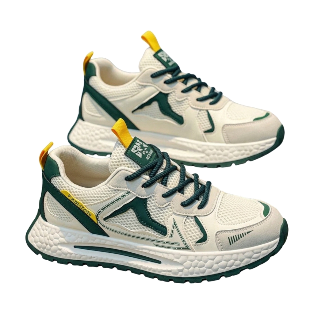 Men's White, Silver and Cream Mesh Platform Running Sneakers - studio white background