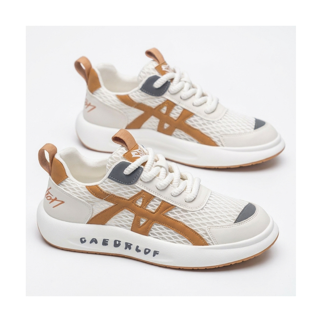 Men's White, Silver and Cream Mesh Platform Running Sneakers - studio white background