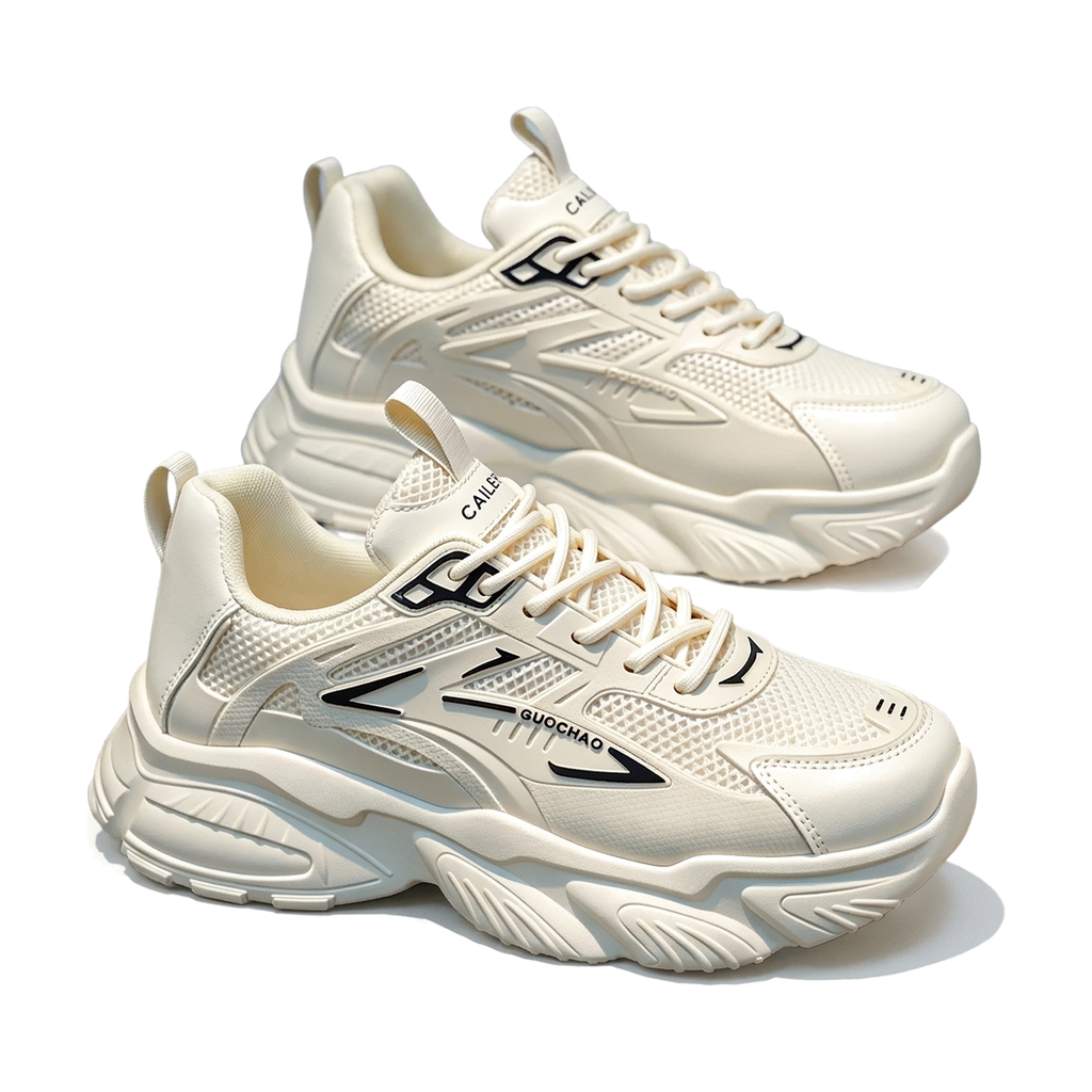 Men's White, Silver and Cream Mesh Platform Running Sneakers - studio white background