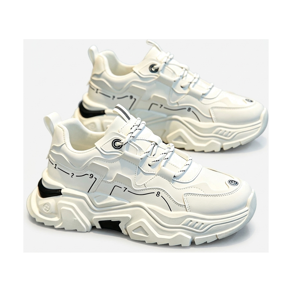 Men's White, Silver and Cream Platform Casual Sneakers - studio white background