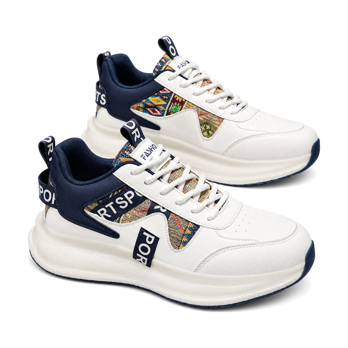 Men's White, Silver and Cream Platform Running Sneakers - studio white background